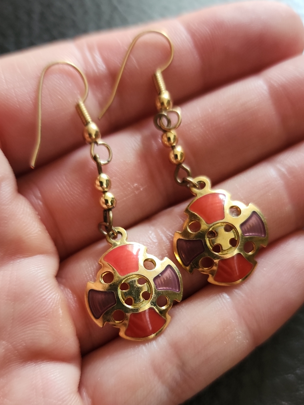 VTG Berebi Gold-Tone Drop Earrings with Coral and Lavender Enamel